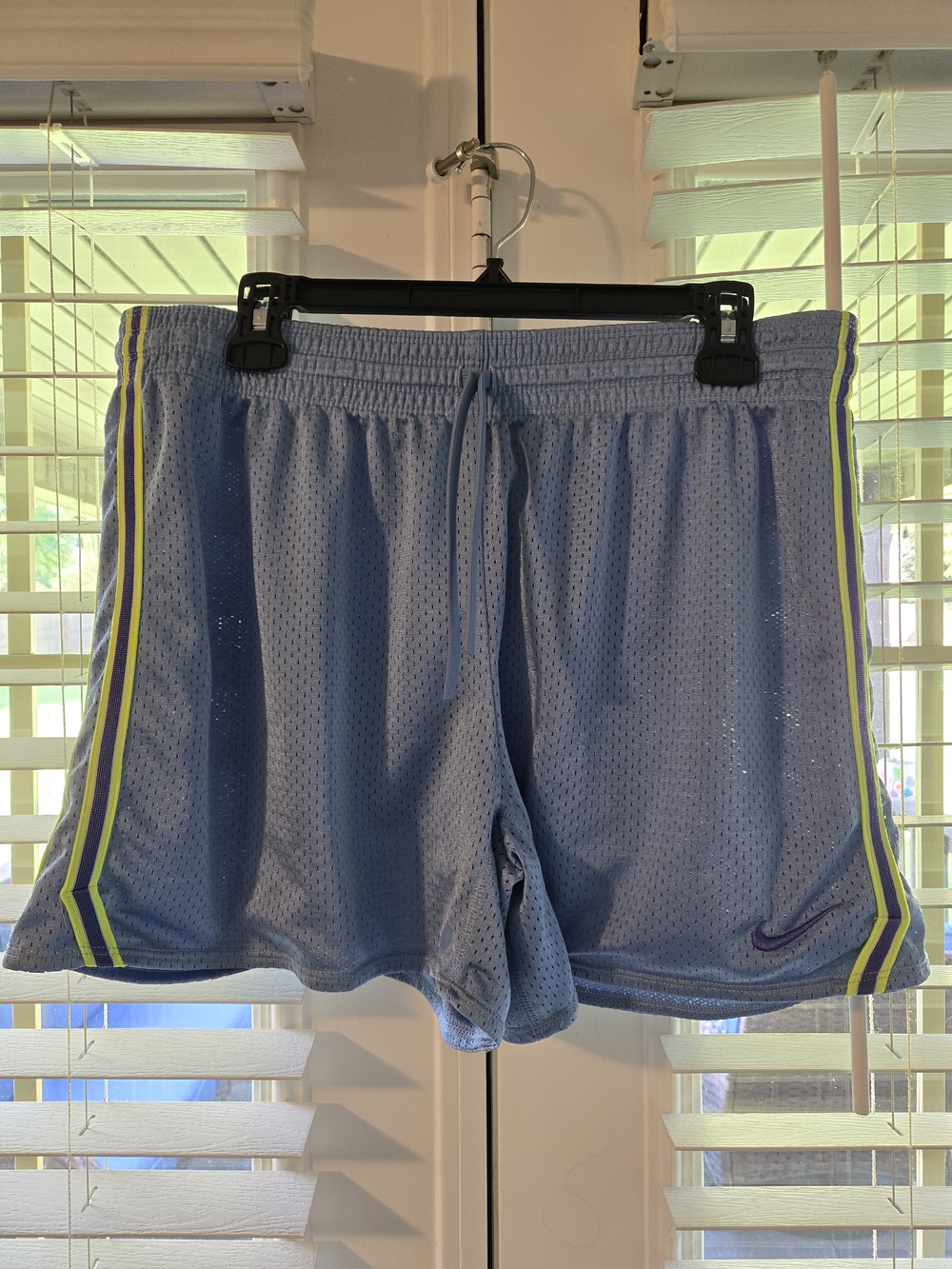 Nike Light Blue Mesh Athletic Shorts with Purple/Green Neon Stripe Sz Large
